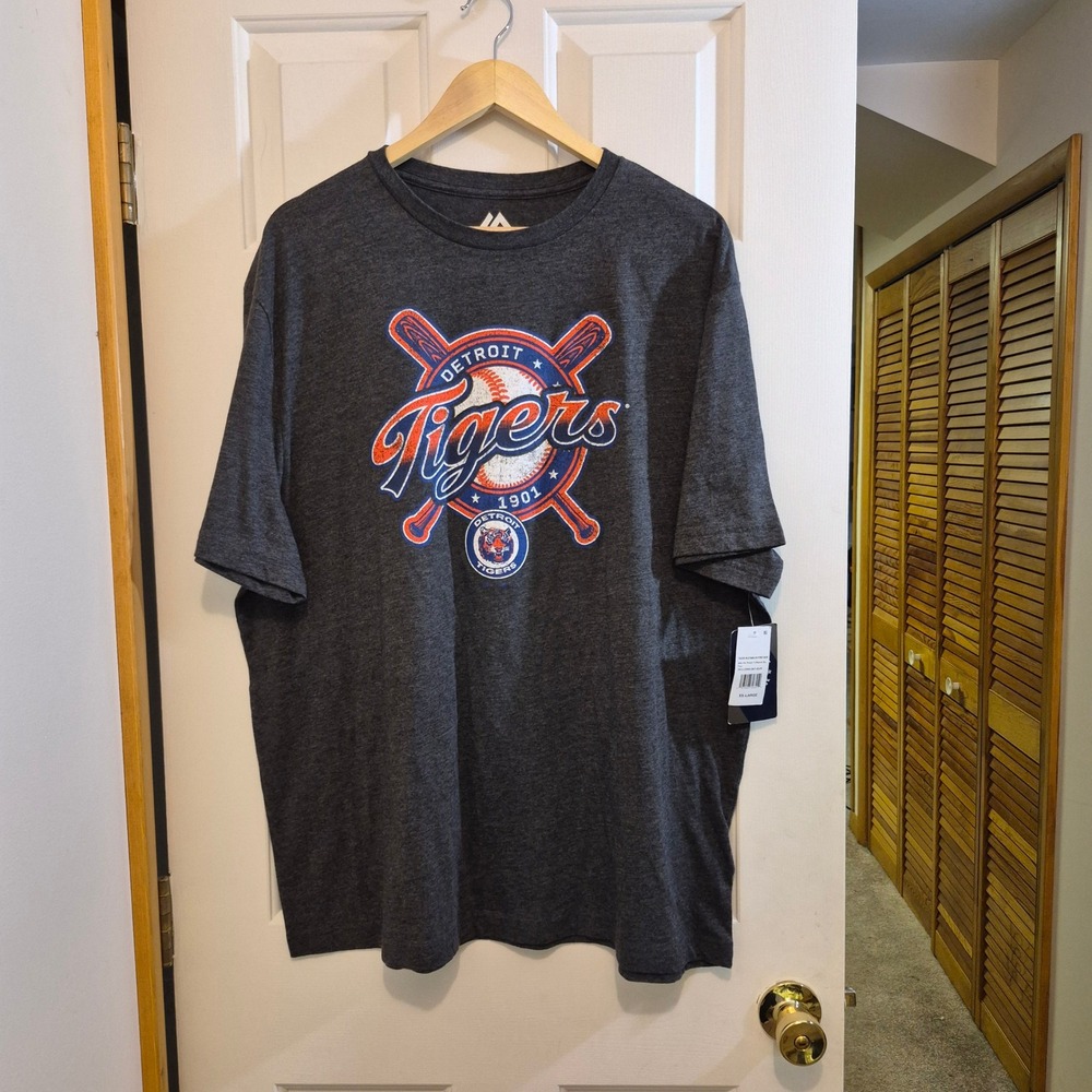 Majestic Detroit Tigers Mens 2XL Charcoal Gray Heather MLB Graphic T-Shirt‎ NWT